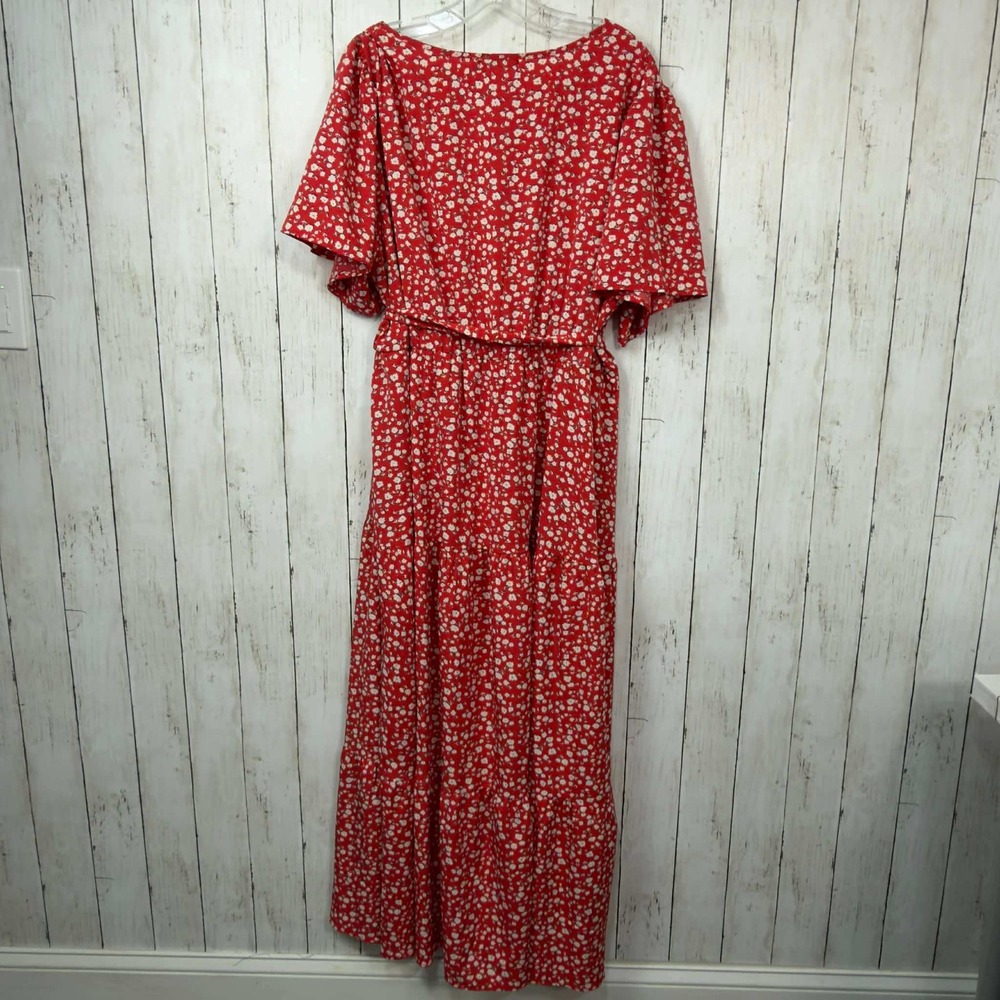 KOJOOIN Women's Red Floral Print Faux Wrap Maxi Dress Size 3XL